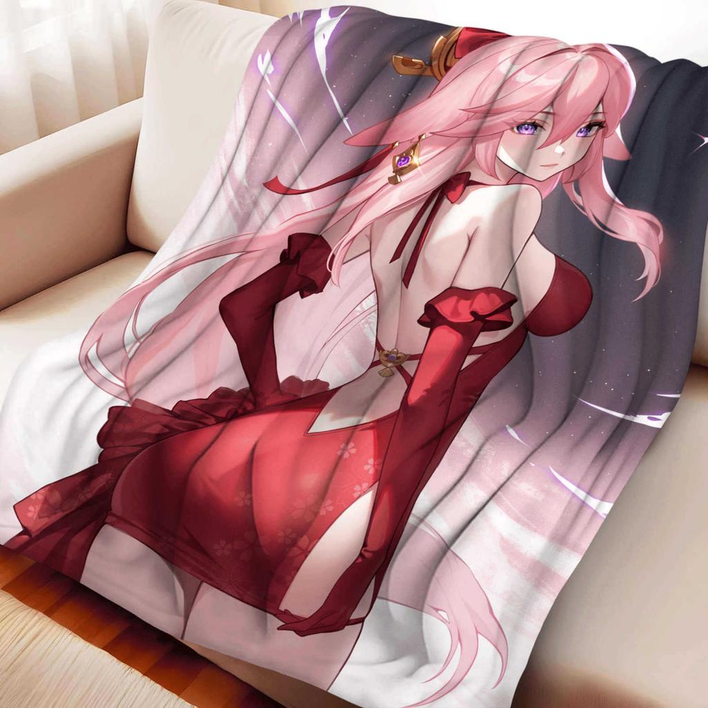 Cartoon Yae Miko Flannel Blanket Cover Summer Soft Anime Genshin Impact Blanket Multifunctional Decor Home Universal Blankets