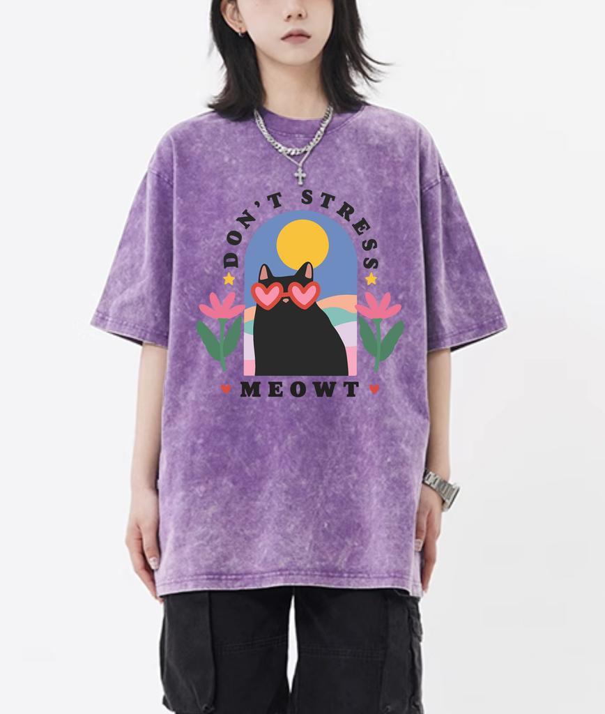 Don't Stress Meowt Cartoon Printing Retro Tee Shirt Female Trendy  Cotton T-Shirts Unisex Washed Short Sleeve Summer Hip Hop Top