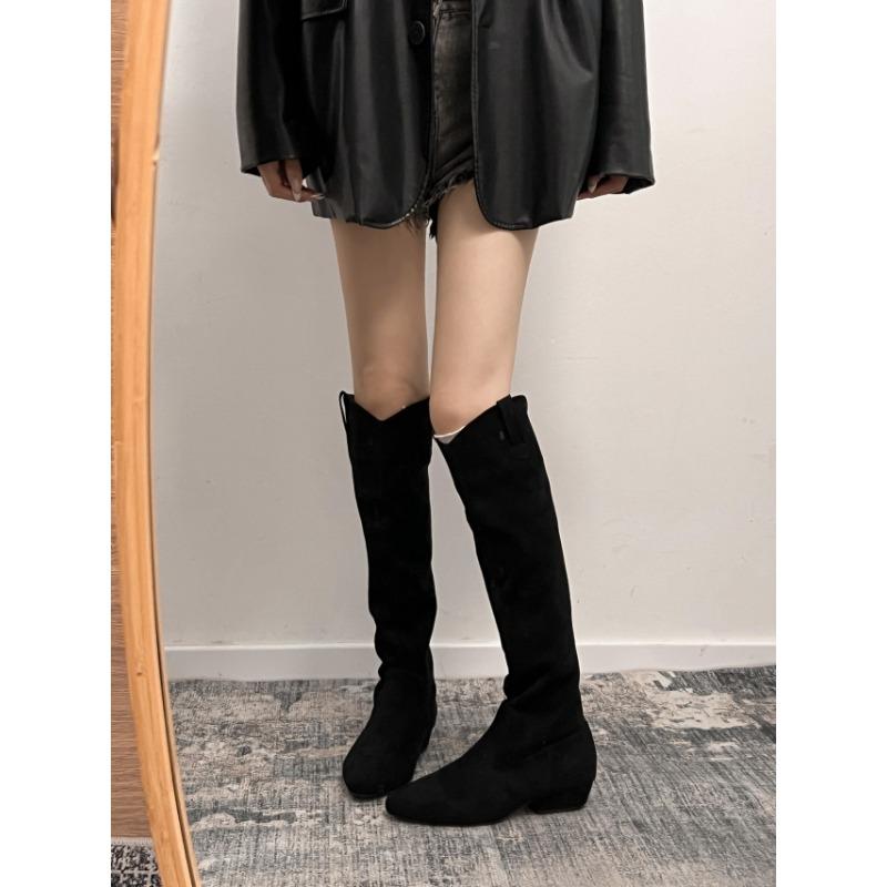 Sheepskin Version~ Thick Heel Pointed Boots Women's Summer Thin New Models But Knee Suede Retro Stacked Knight Boots