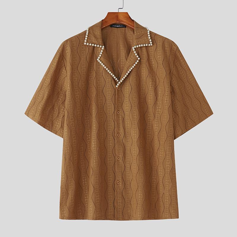 

INCERUN Men Beading Neck Short Sleeve Lace Crochet Casual Oversized Shirts 5XL хаки