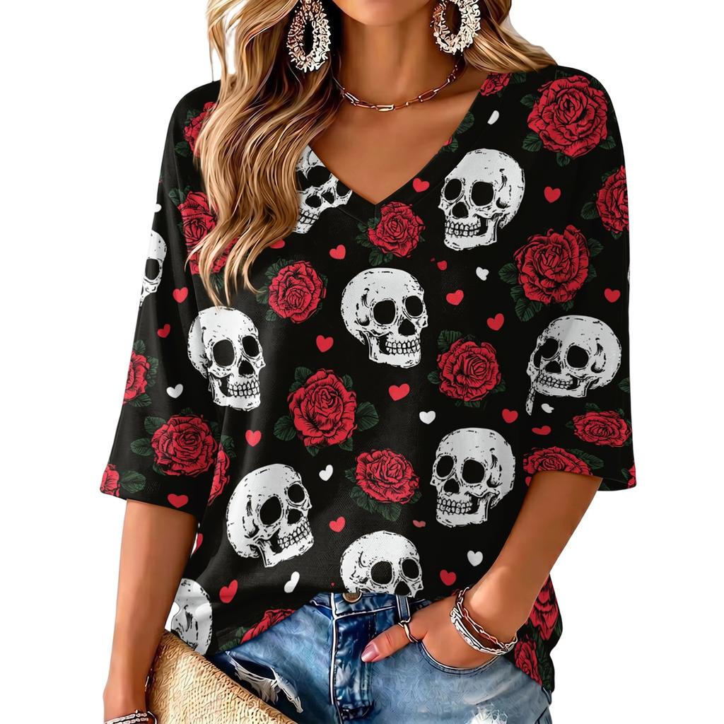 Women's V-Neck Halloween Print Lightweight Top for Spring and Summer