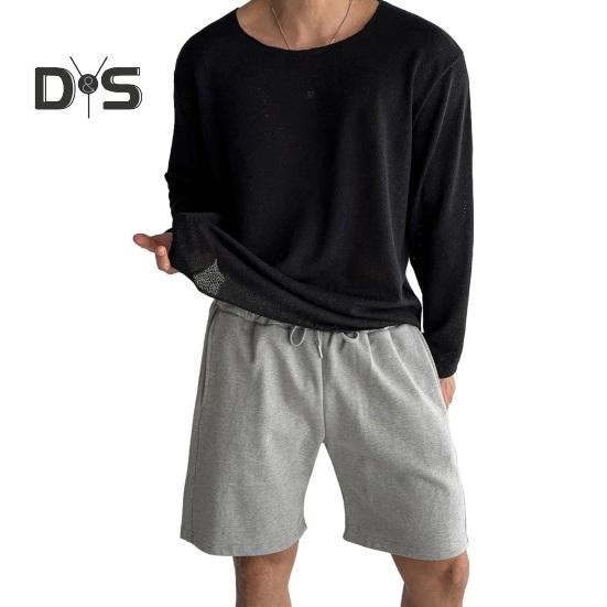 

Весна Осень Мужской Топ Круглый вырез Длинные рукава Тонкий Ажурный Однотонный Свободный Пуловер Средней Длины Хип-Хоп Уличная Толстовка M чёрный