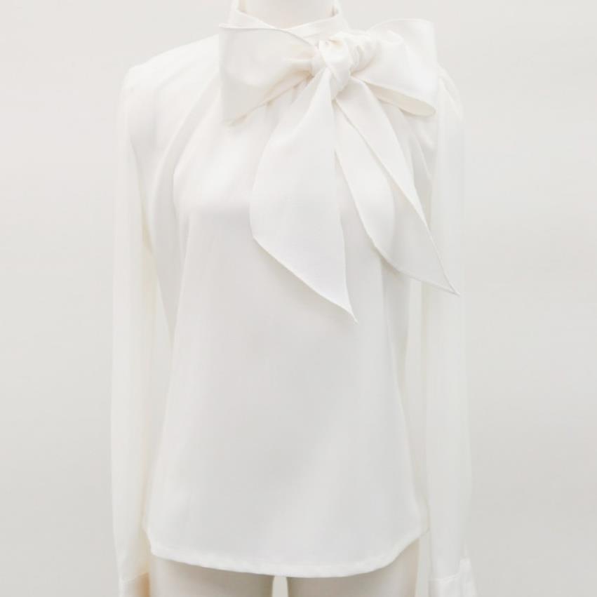 Women Spring Elegant Chiffon Blouses Shirts Lady Business Long Sleeve Bow Tie Collar Tops