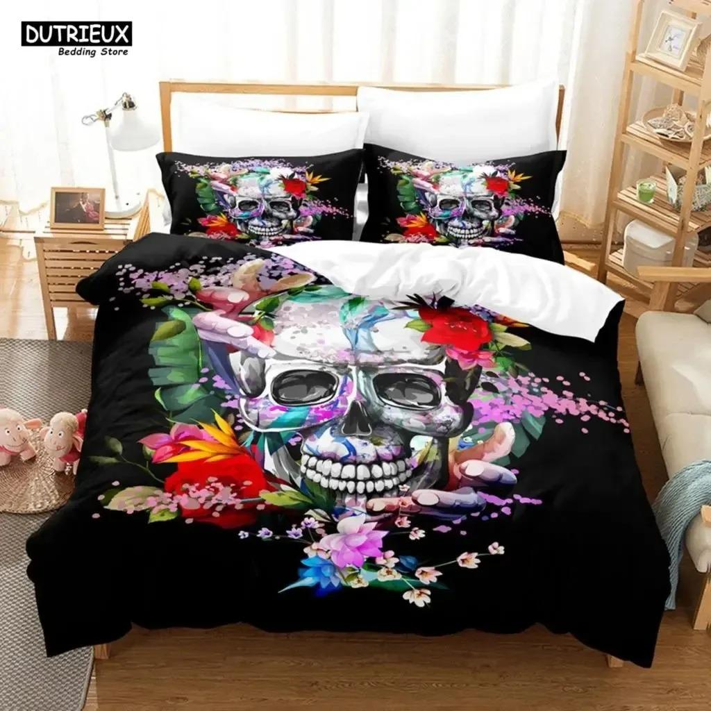 Skeleton Skull Bedding Set Queen King Full Size Duvet Cover Set With Pillowcases Rose Flower Bed Linen For Adults Teens