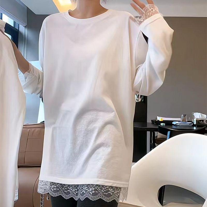 Damska koszulka z długim rękawem w stylu europejskim, biała, z koronkowymi naszyciami - Idealna na jesień/zimę z spodniami Shark