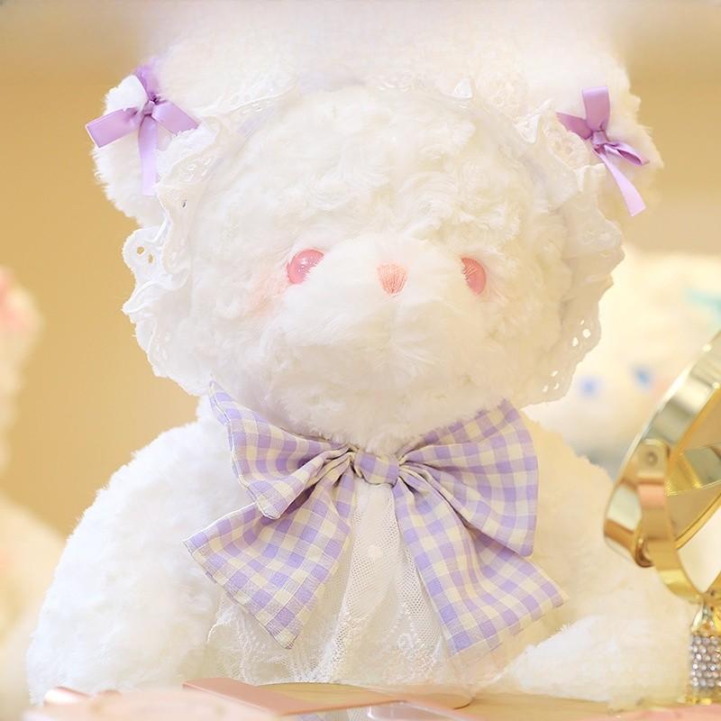 Plush Rabbit Bear Doll With Lace And Checkered Bow Decor For Girls Kids Birthday Gift And Sleep Support