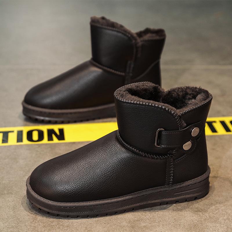 Winter Leather Waterproof Snow Boots Men's Cotton Shoes Non-slip and Warm Thickened Velvet Short Tube Thick-soled Comfortable Men's Cotton Boots