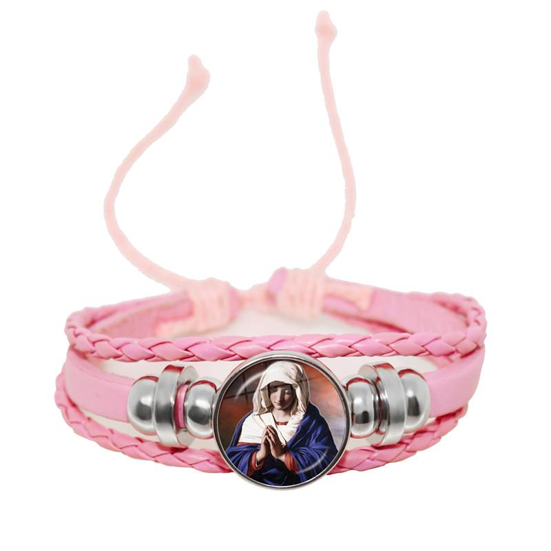 Virgin Mary Baby Jesus Christian Catholicism Jewelry Black Button Leather Bracelet Blessed Mother Religious Glass Cabochon Gift