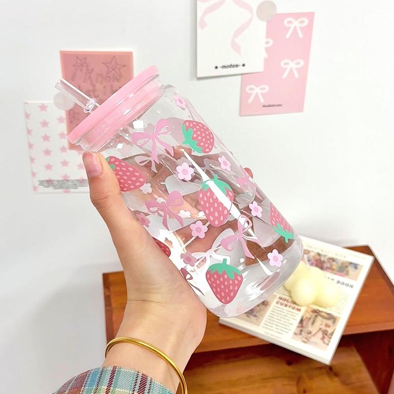 500ml Růžová Láhev na Vodu s Potiskem Mašle Pítko Ledová Horká Káva Džus Plastový Pohár Růžová Mašlička Termopohár