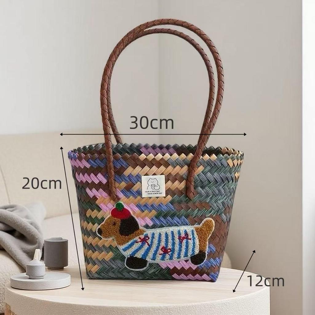 Handgefertigte bestickte Dackel gewebte Handtasche und Aufbewahrungskorb