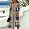 Women's Plaid Print Casual Long Sleeve V-Neck Dress with Pockets for Everyday Wear