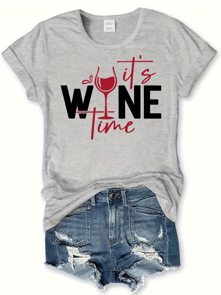 WoUnisex Casual Crew Neck TShirt with ItS Wine Time Graphic Print Geometric Pattern Harajuku Sleeve Casual Aesthetic Clothes