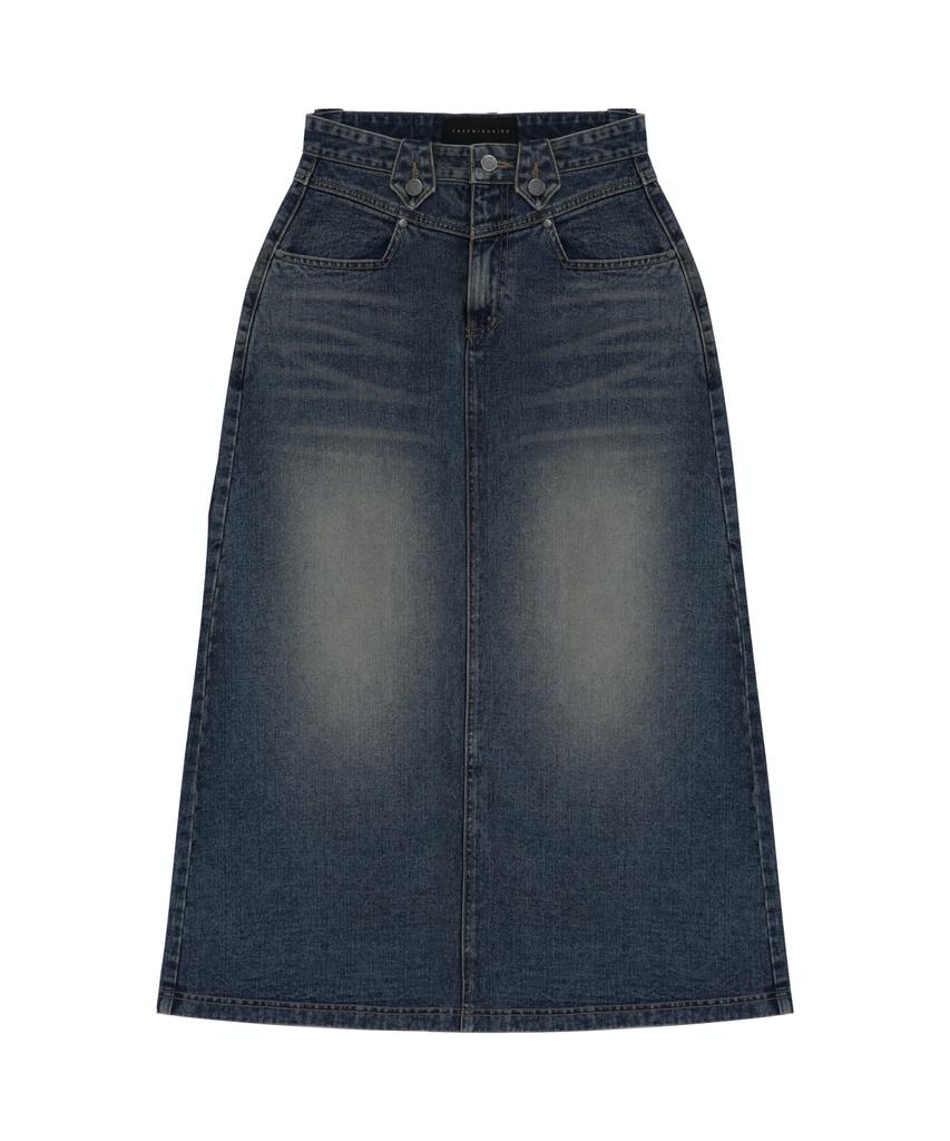Teulimingbeodeu Front Yoke Denim Long Skirt [ Dark Blue ]