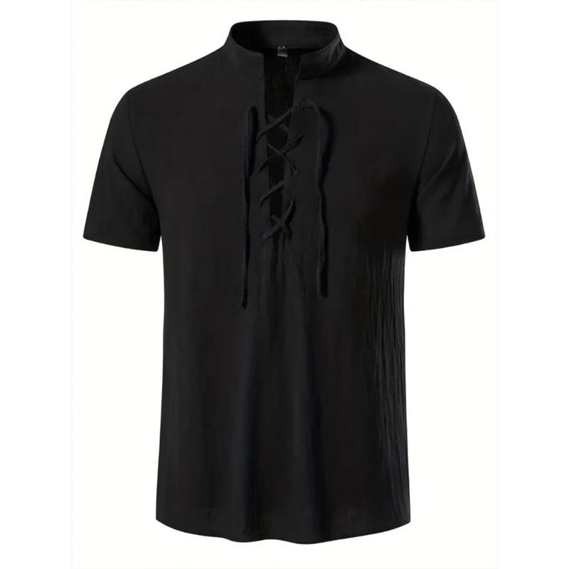 

Men s Retro Shirt Short Sleeve Linen Lightweight Breathable Solid Color Fashion Pirate V Neck Stylish Shirs S чёрный