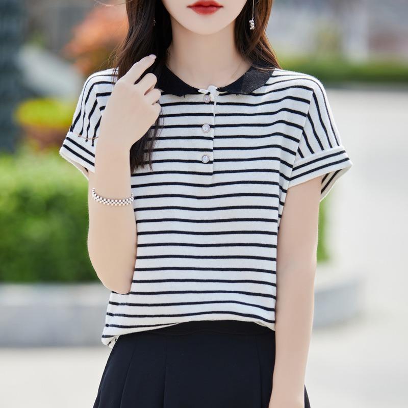 New Summer French Striped Cotton Knitted Short-sleeved T-shirt for Women Loose Niche Design POLO Small Lapel Top