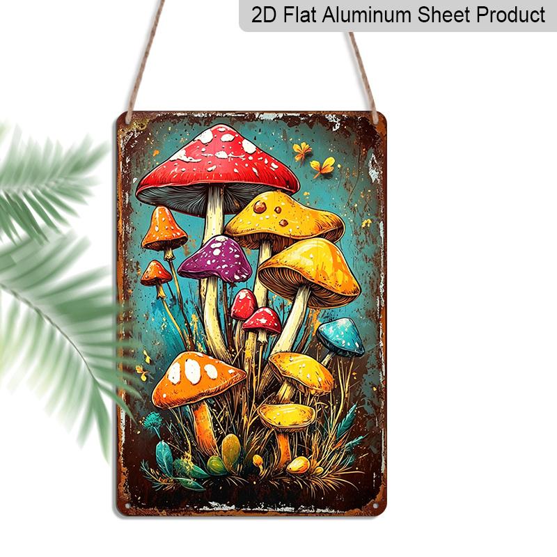 2D Flat, Vintage Colorful Mushrooms Aluminum Sign - Retro Forest Wall Decor Cabin Decor, Forest Themed Room, Rustic Home, Witchy Space, Plant Lover