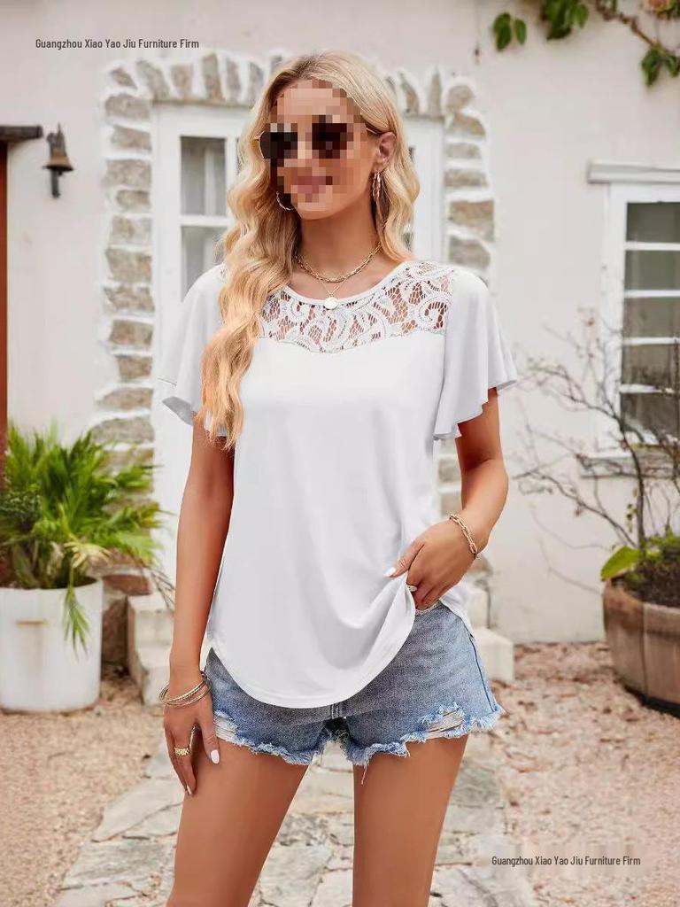 European and American Women's Solid Color Mesh Ruffle Short Sleeve T-shirt