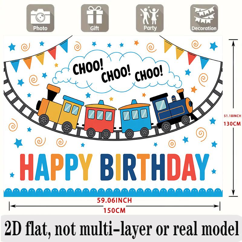 Cartoon Train Birthday Banner, Colorful Engine Backdrop Wall Decor for Kids Party