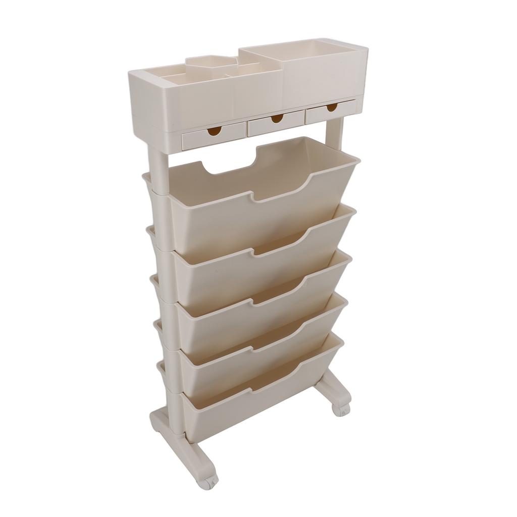 Mobiles Bücherregal Beige Abschließbare Räder mit 3 Schubladen Rollbarer Aufbewahrungswagen Kunststoff Multifunktional