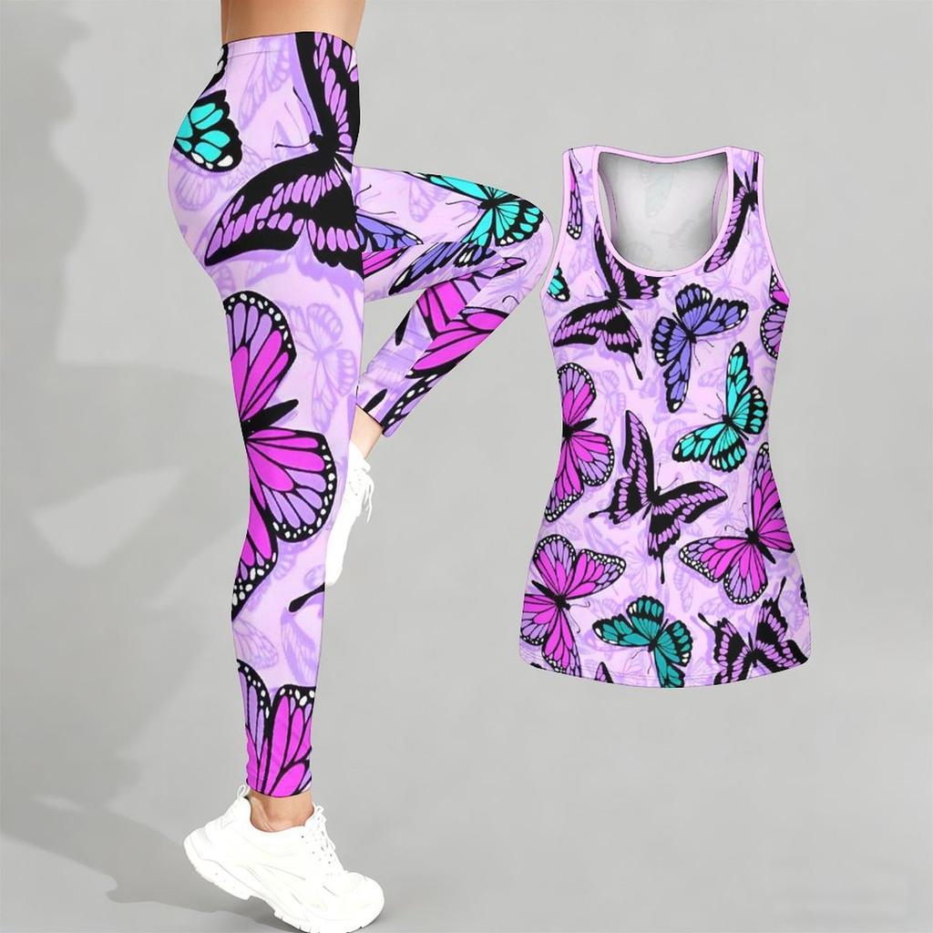 Butterfly Print Yoga Outfit for Women Fashion Workout Leggings Fitness Sports Casual Yoga Set Sports Suit