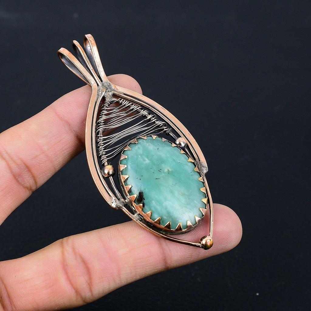 Aquamarine Gemstone Pure Copper Wire Wrapped Handmade Pendant Jewelry