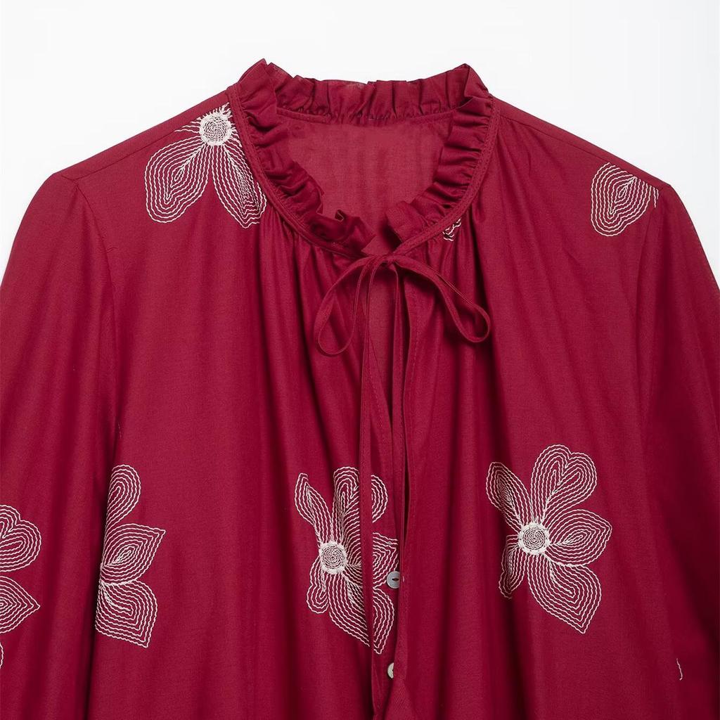 2025 Spring Women's Embroidered Long-Sleeve Round Neck Shirt