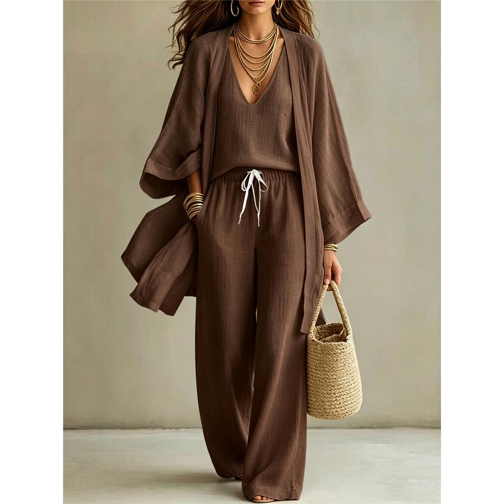 Kadın 3 Parça Keten Kıyafet Kimono Kollu Açık Ön Hırka V Yaka Üst İpli Geniş Bacak Pantolon Boho Plaj Kombin Seti