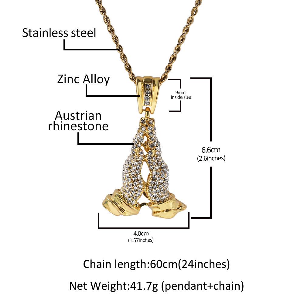 Niche hands together full of diamonds, pendant, sweater chain, zinc alloy, retro men's necklace, alloy accessories.