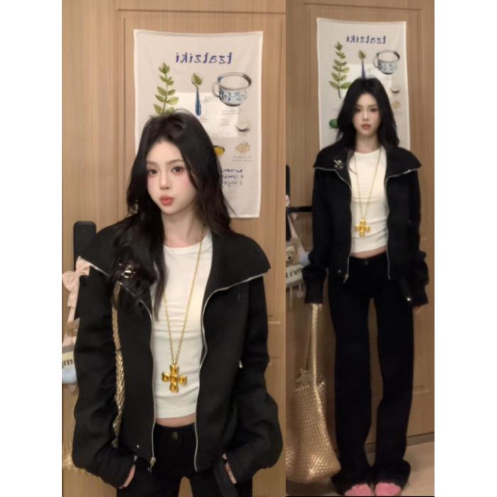 

Женская черная ретро куртка с лацканами для миниатюрных - Свободная, универсальная, укороченный дизайн для весны/осени Large чёрный