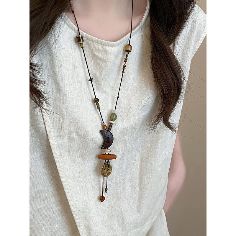 Crescent Smiling Face Wooden Ceramic Braided Rope Necklace Female Retro Ethnic Style Long Sweater Chain New Chinese Style Ornament