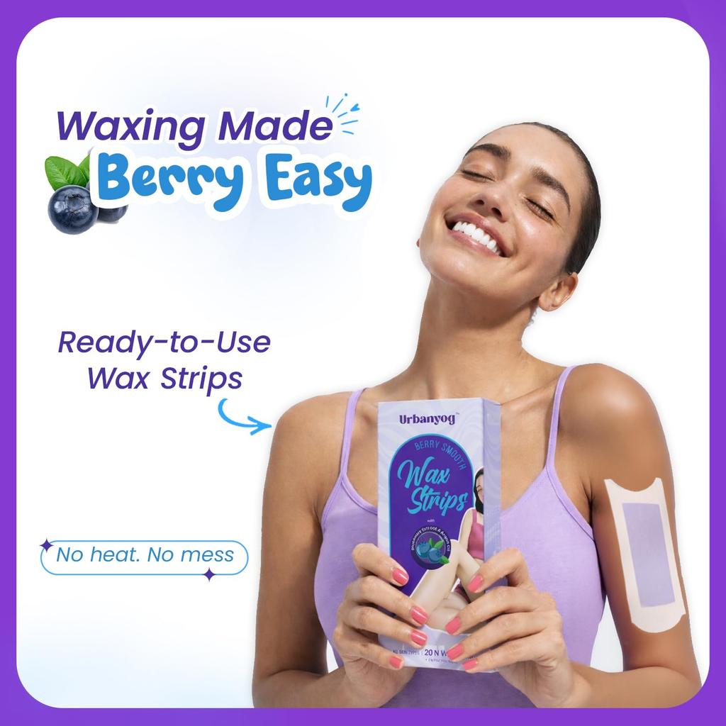 Urbanyog Berry Smooth Wax Strips | Full Body Waxing Strips | 20 Wax Strips & 4 Post - Wax Wipes | With Blueberry Extract & Argan Oil | Cold Waxing