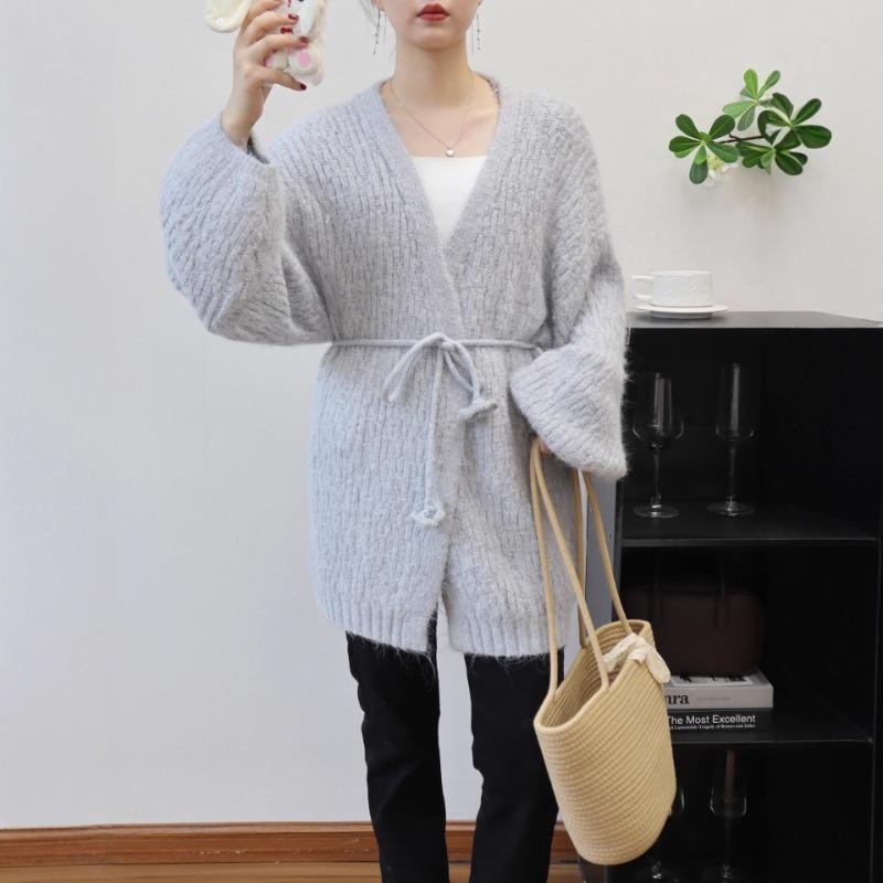 Autumn and winter lace-up loose knitted cardigan medium and long temperament advanced sense gentle wind sweater jacket women