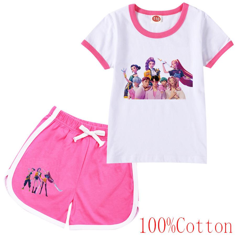 Kinder Mädchen Anime Cartoon K-Pop Rumi Zoey Mira Bedrucktes Lässiges Kurzarm T-Shirt Shorts Kleidung Set