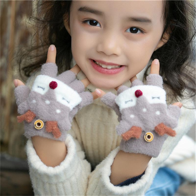 Children's Winter Warm Reindeer Flip-top Fingerless Gloves for Ages 4-10
