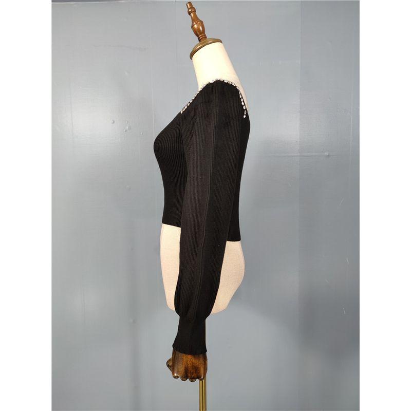 2025 Early Spring New Arrival Black Easiest for Match Square Collar Pearl Knitting Tops Female Lantern Long Sleeve Diamond Decorations Shiny Sweater