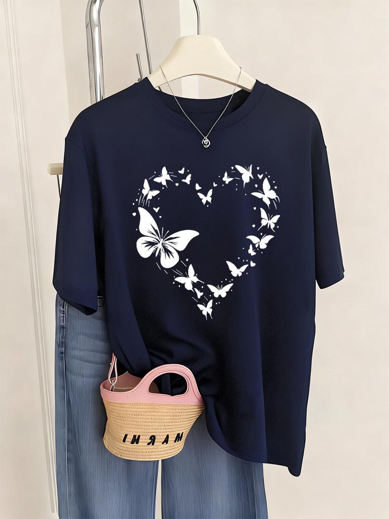 Schmetterling Herz Bedruckte T-Shirts Damen Lässig Weiche T-Shirts Locker Bequem Kurzarm Oberteile Sommer O-Ausschnitt Damen Kleidung