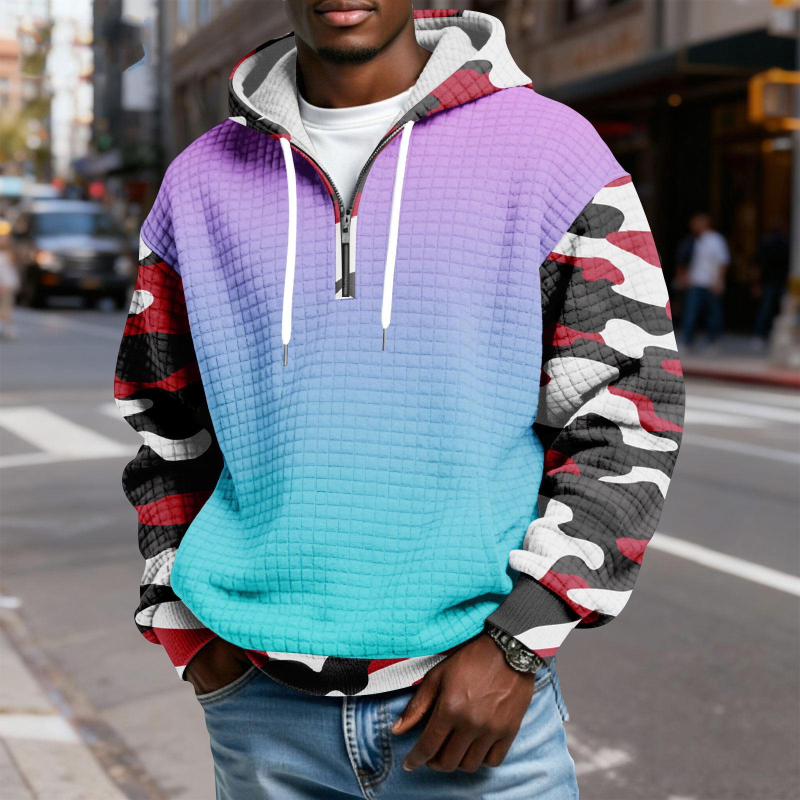 

Мужской худи-пуловер в клетку с капюшоном на молнии до середины, со шнурком и принтом, повседневная спортивная толстовка XL фиолетовый