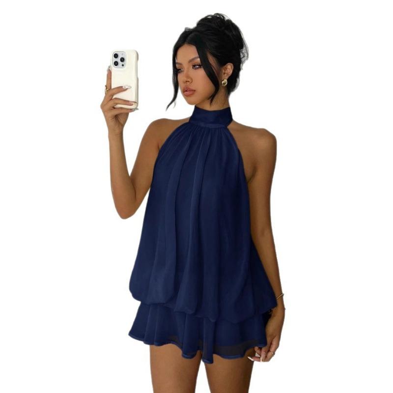 Fashion Sexy Backless Halter Neck Slim Waist Solid Color Women Mini Dress