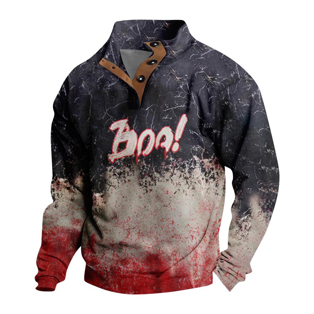 Men's Casual Fashion Christmas Printed Hoodless Sweatshirt Wide Men's Loose Button Stand Collar Hooded Sweatshirt