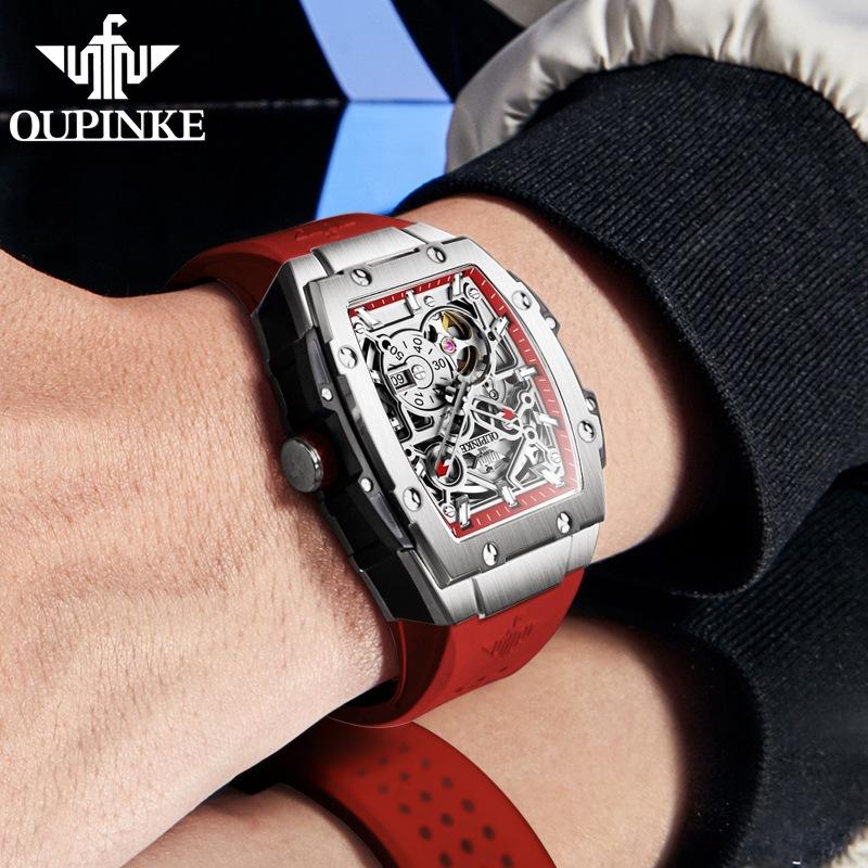 OUPINKE Hollow Barrel Mekanik Saat Moda Silikon Su Geçirmez Erkek Saati Erkek Saati