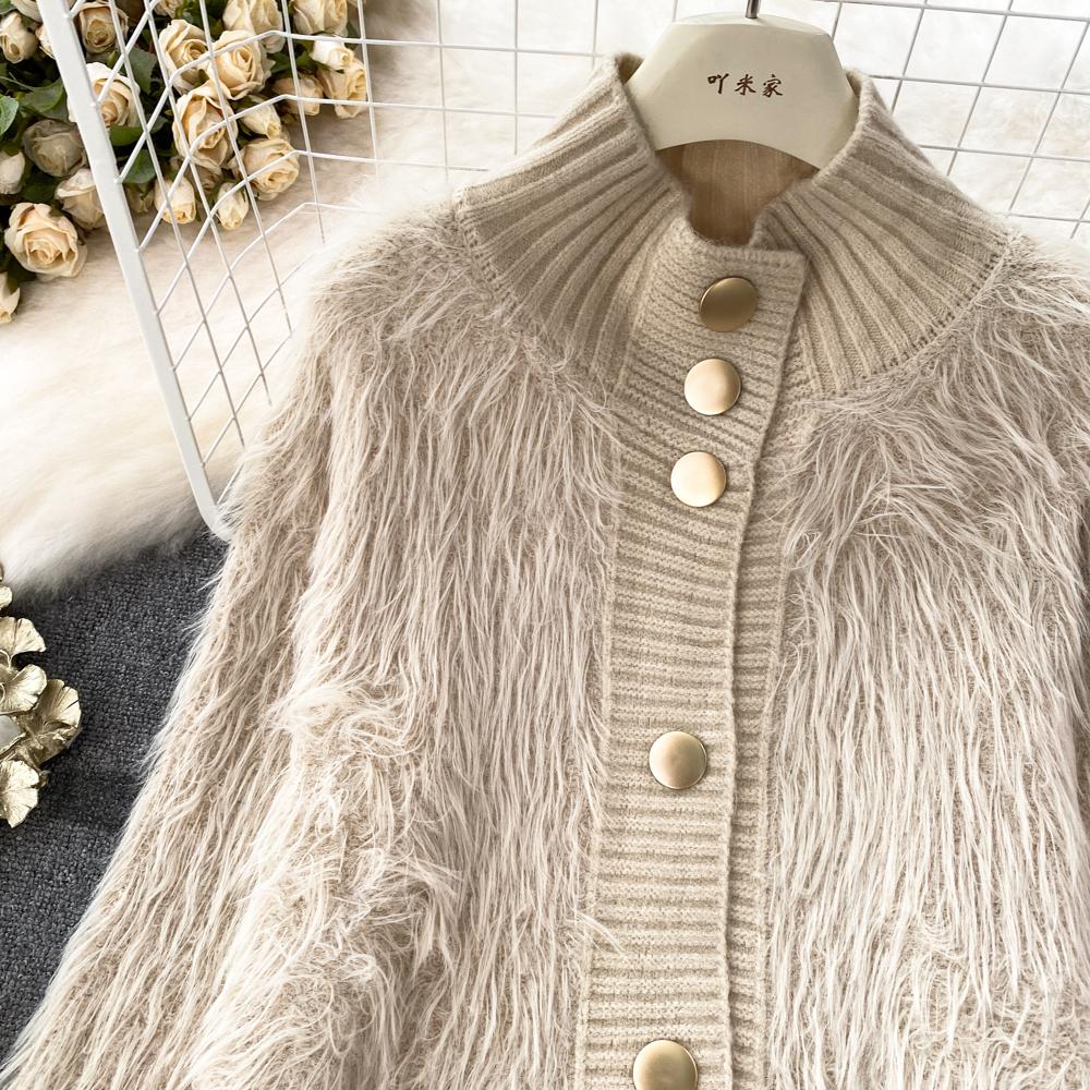 Imitation Mink Sweater Fashion Stand-UP Collar Loose Top Women's  Autumn/Winter Korean Soft Comfortable Cardigan Solid Coat