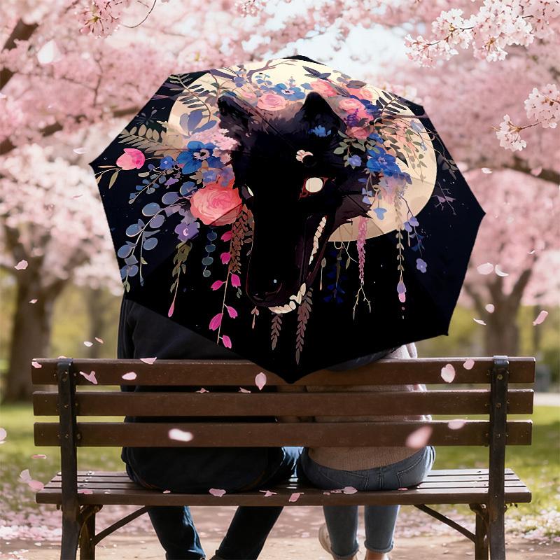 1pc Wolf Flowers Automatic Folding Umbrella 8 Rib Iron Frame, Compact Portable Umbrella Suitable for Travel, Daily Use, Birthday, Women & Men Gift 022