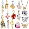 925 Silver Glass Slipper Charm Pink Envelope Floral Tulip Golden Key Sword Bee Cicada Butterfly Beads Necklace Fit Bracelet