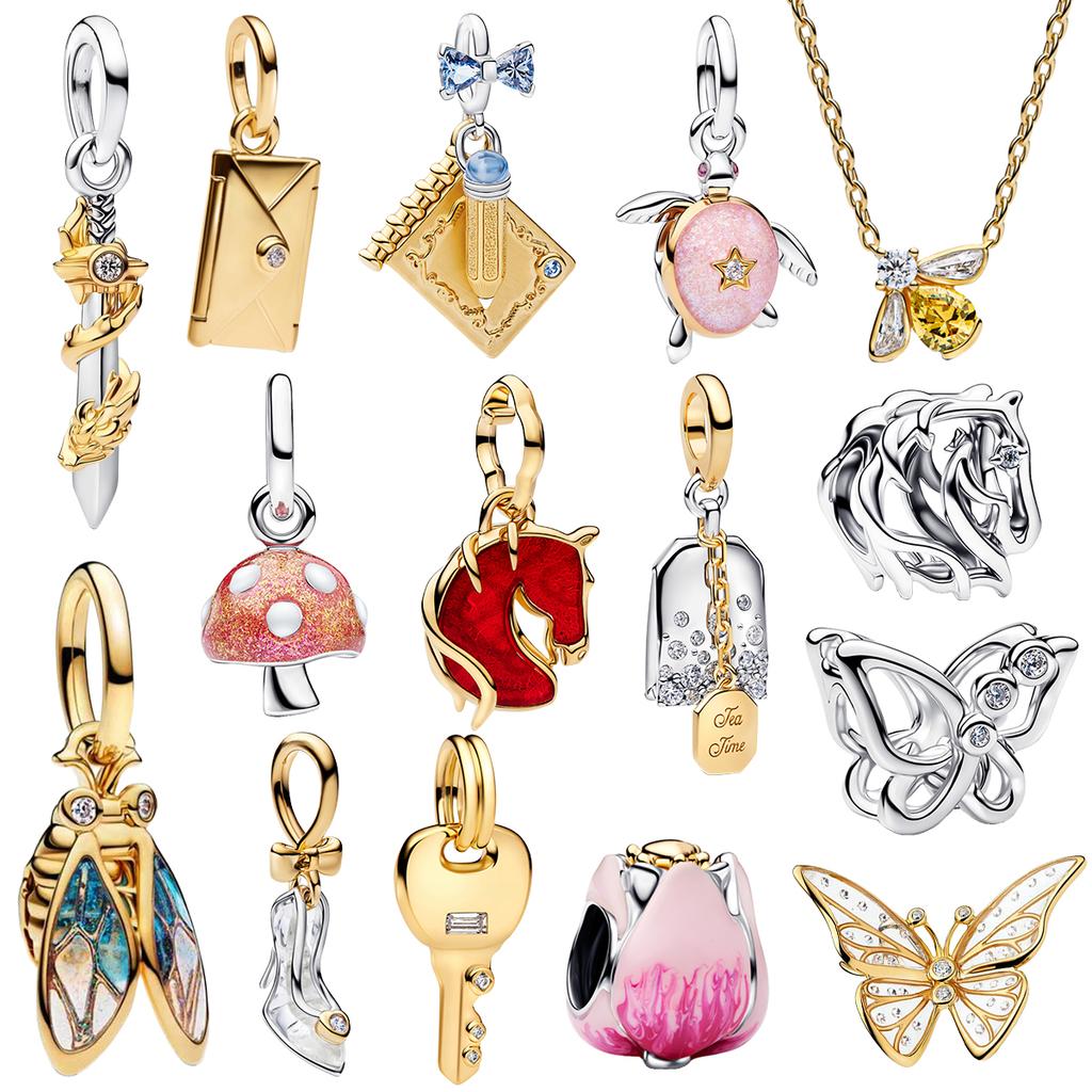 Prata 925 Pingente Sapatinho de Cristal Envelope Rosa Tulipa Floral Chave Dourada Espada Abelha Cigarra Borboleta Contas Colar Encaixe Pulseira