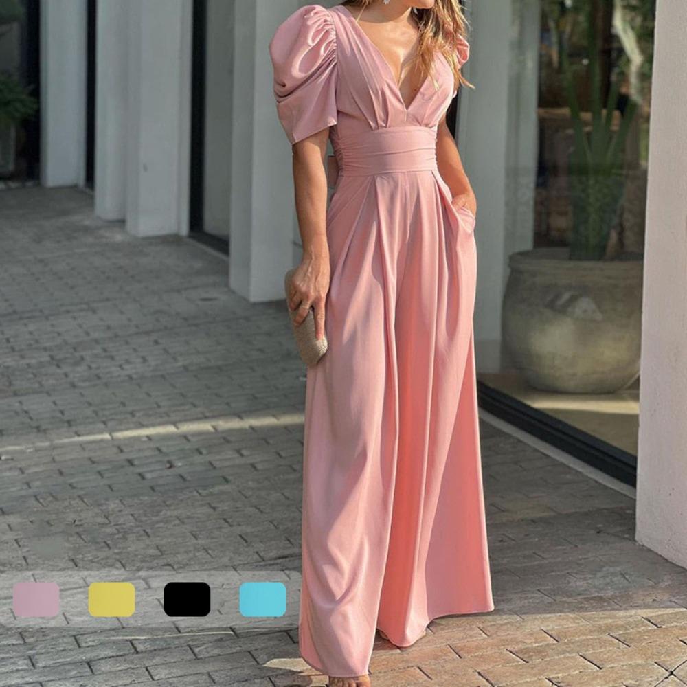Women's V Neck Puff Sleeve High Waist Solid Elegant Wide Leg Jumpsuit Romper