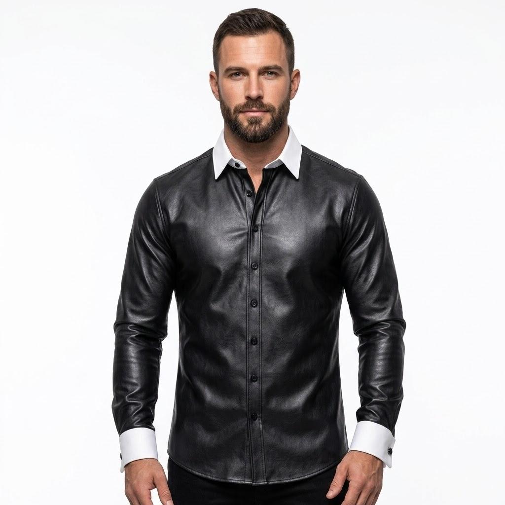 Black Men s Stylish Handmade Biker Shirt Real Lambskin Leather Slim Motorcycle S чёрный