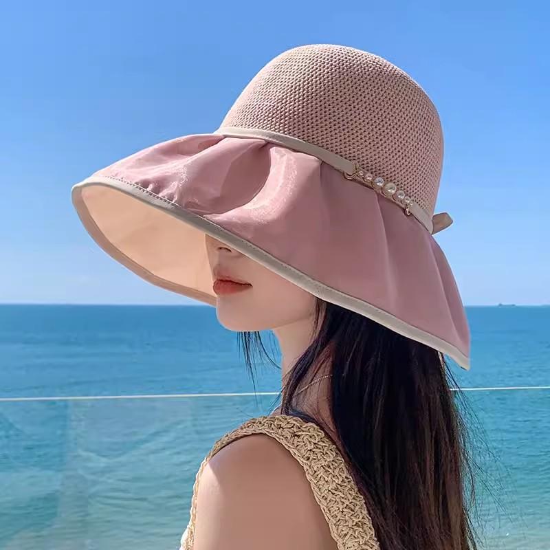 Summer Hat Women Beads Rope Chain Bucket Hat Sunshade Breathable Wide Brim Sun Hat Beach Accessories Sunhats Ladies New