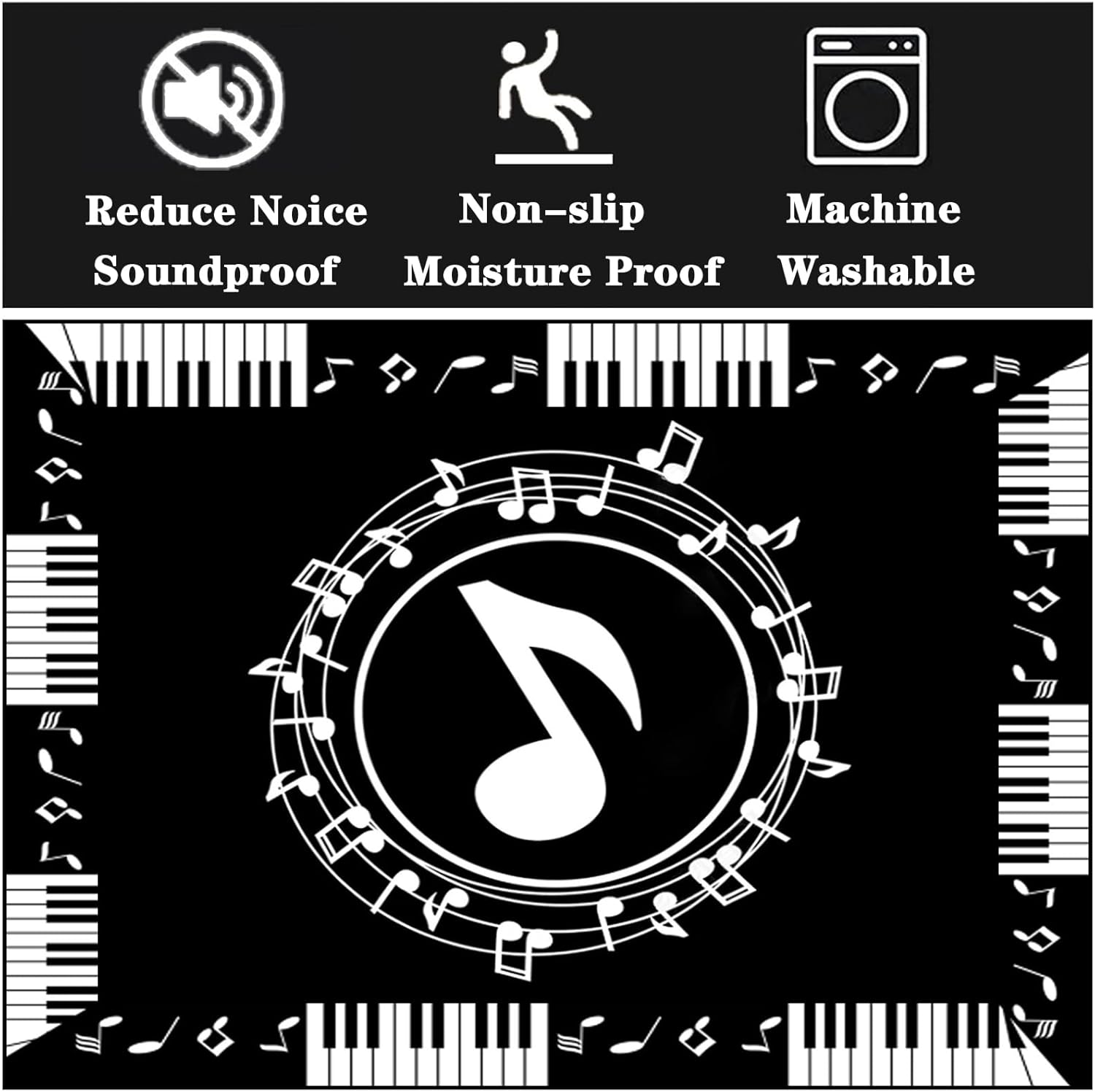 Musical Notes and Piano Keys  Rug, Black and White Music Theme Carpet, Non-Slip Floor Mat for Living Room, Music Studio Decor 50x80cm
