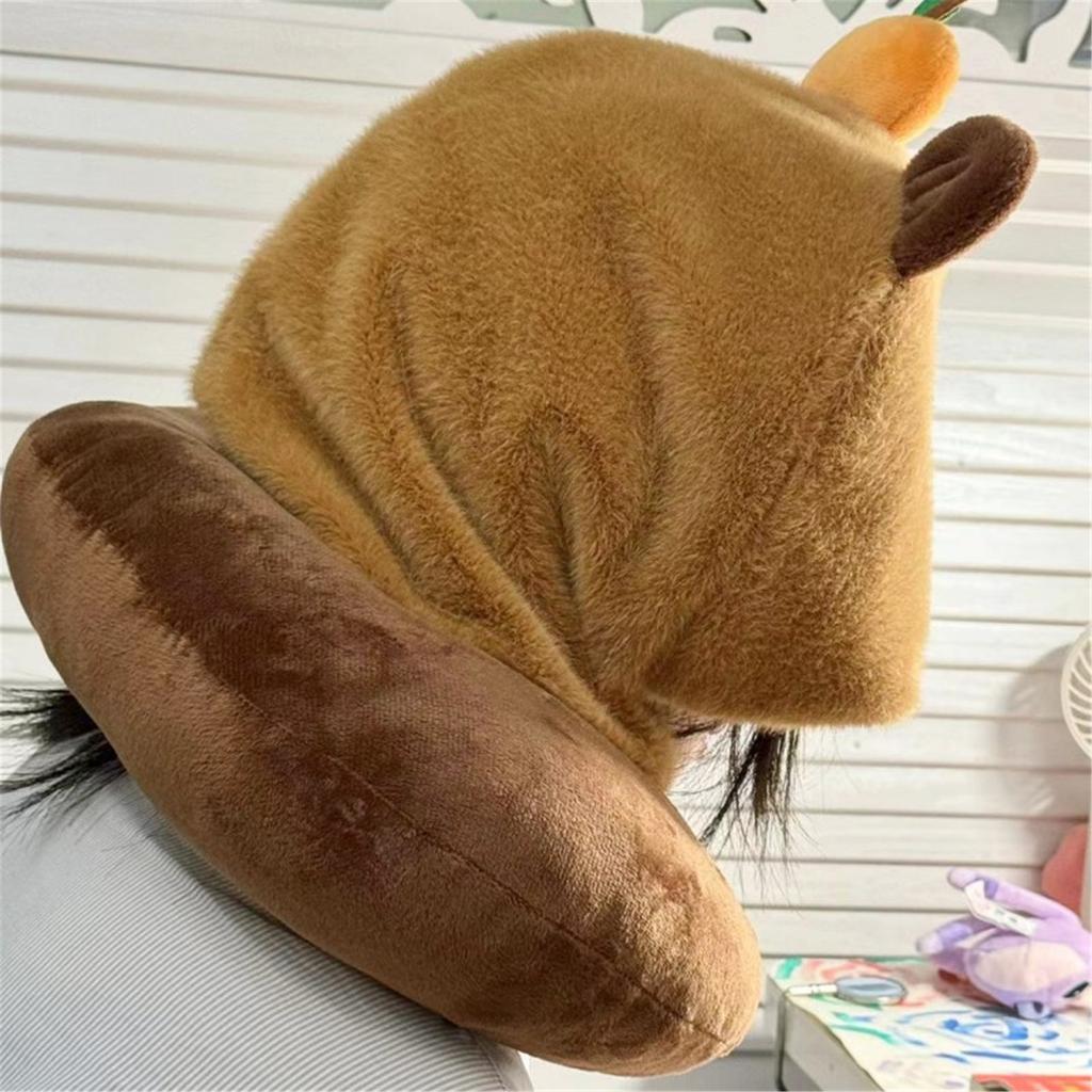 Lovely Plush Pillow with Hat Delightful Cartoon Animal Stuffed Neck Cushion Perfect for Adults and Children Traveling