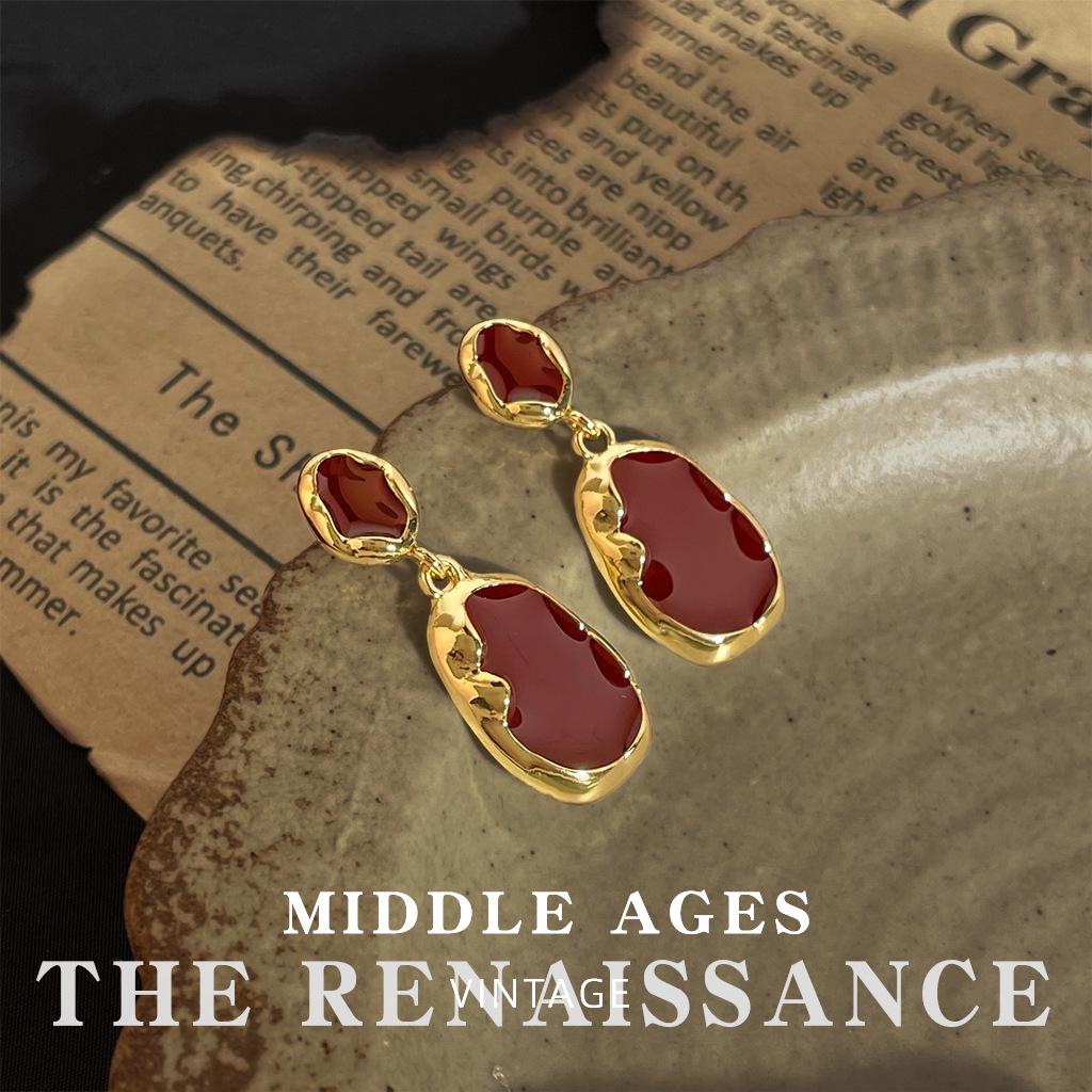 Vintage Burgundy Red Enamel Drop Earrings - Retro French Style Studs
